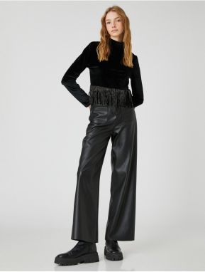 Koton Long Sleeve T-Shirt Velvet Crop with Shimmering Tassel Detail.