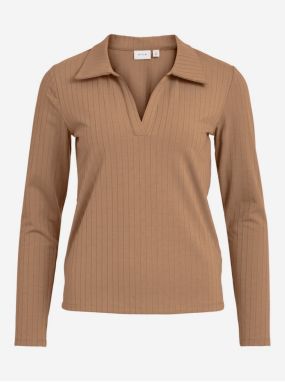 Brown ribbed T-shirt with collar VILA Nobella - Women