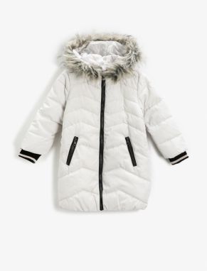 Koton Inflatable Long Coat Faux Fur Detailed Hooded, Zippered with Pocket.