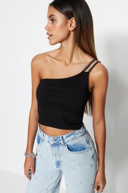 Trendyol Black Shiny Stone Detailed One Shoulder Strap Fitted Crop Knitted Blouse
