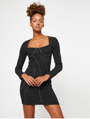 Koton Mini Dress Long Sleeve Square Neck Stony