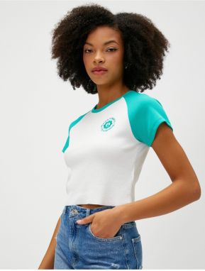 Koton Crop T-Shirt Embroidered Short Sleeve Crew Neck