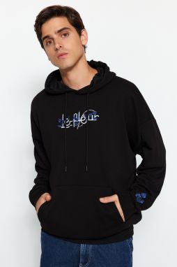 Trendyol Black Oversize/Wide-Fit Letter Embroidered Hooded Sweatshirt