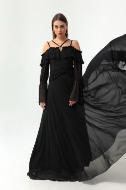 Lafaba Women's Black Strap Low Sleeve Chiffon Evening Dress