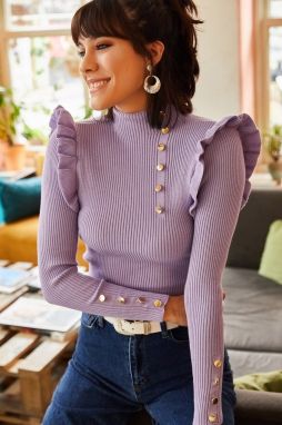 Olalook Dámsky fialový volánový gombík detailný pletený sveter
