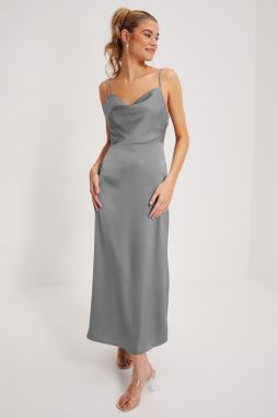 Madmext Gray Satin Scoop Neck Midi Dress