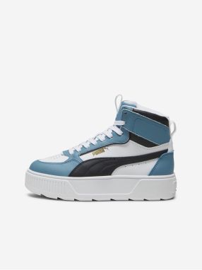 White and Blue Women's Leather Ankle Sneakers on Puma Kar Platform - Ladies