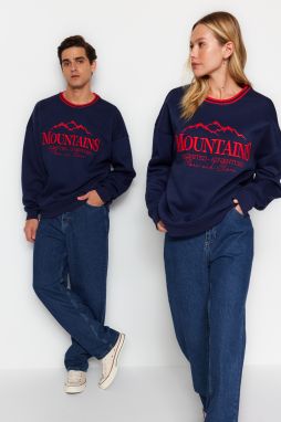 Trendyol Navy Blue Unisex Oversize/Wide-Fit Striped Collar Text Embroidered Fleece Fleece Sweatshirt