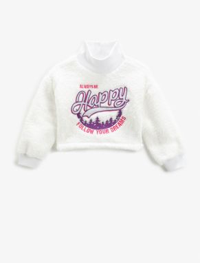 Koton Plush Sweatshirt High Neck Long Sleeve Applique Detailed