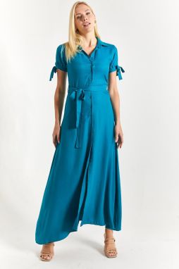 armonika Women's Petrol Shirt Dress with Tie Sleeves and Belted Waist