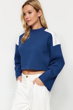 Trendyol Indigo Thick Fleece Interior Color Block Comfort Cut Crop Knitted Sweatshirt