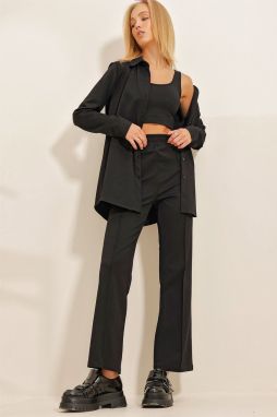 Trend Alaçatı Stili Women's Black Shirt, Crop Blouse And Grassy Trousers 3-Piece Suit