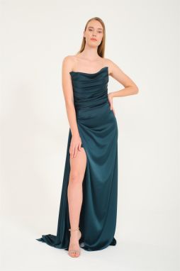 Carmen Emerald Slit Satin Evening Dress Cat Ear Dress