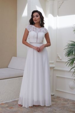 Carmen Ecru Lace Chiffon Short Sleeve Outdoor Engagement Dress