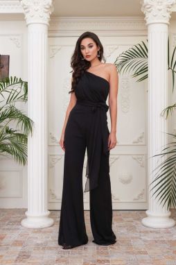 Carmen Black Chiffon One-Shoulder Knit Jumpsuit