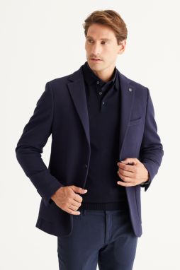 AC&Co / Altınyıldız Classics Men's Navy Blue Slim Fit Slim Fit Mono Collar Cotton Patterned Blazer Jacket