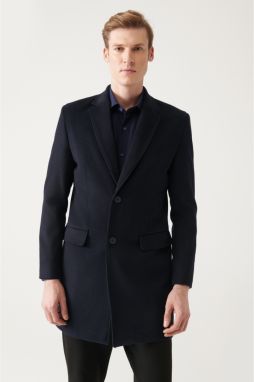 Avva Men's Navy Blue Slit Woolen Cachet Comfort Fit Relaxed Cut Coat