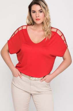 Şans Women's Plus Size Red Decollete Pearl Detailed Viscose Blouse