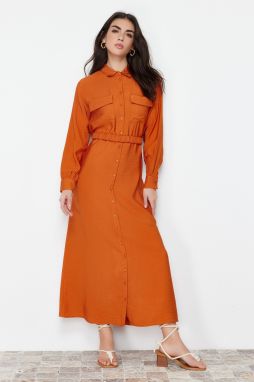 Trendyol Cinnamon Waist Rubber Belted Pocket Detailed Woven Dress