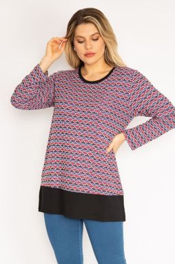 Şans Women's Plus Size Colored Hem Banded Patterned Tunic