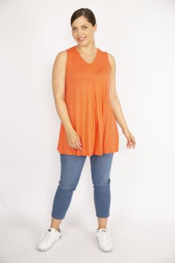 Şans Women's Orange Plus Size V-Neck A Pleat Front Blouse