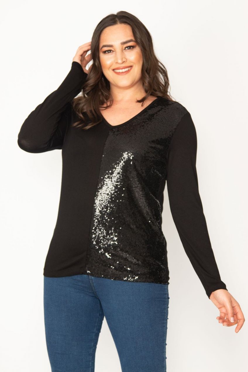 Şans Women's Plus Size Black Half V-Neck Blouse with Sequin Detail