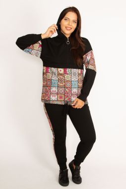 Şans Women's Plus Size Black Shawl Pattern Hooded Tracksuit Set