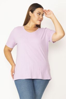 Şans Women's Plus Size Lilac Cotton Fabric V-Neck Short Sleeve Blouse