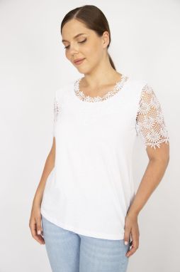 Şans Women's Bone Plus Size Cotton Fabric Lace Detail Blouse