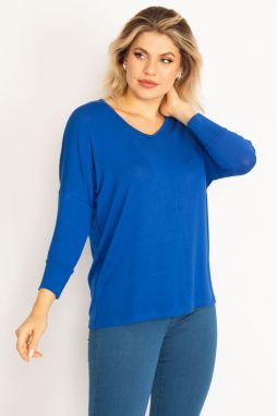 Şans Women's Plus Size Saxe Blue Bat Sleeve V Neck Viscose Blouse