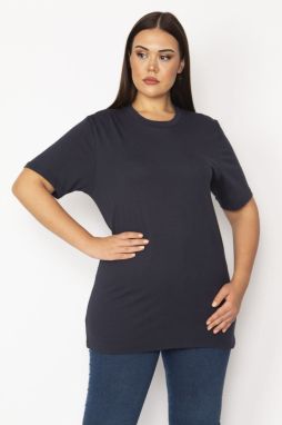 Şans Women's Plus Size Navy Blue Crew Neck Basic Blouse