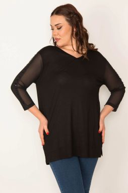 Şans Women's Plus Size Black Sleeve Tulle And Sequin Detail V-Neck Blouse