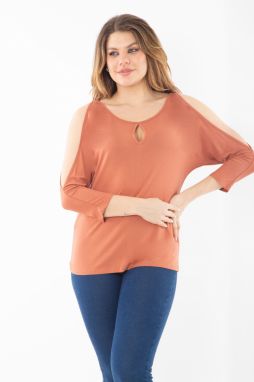 Şans Women's Plus Size Orange Kiss Collar Shoulder Low-cut Long Sleeve Blouse