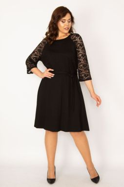Şans Women's Plus Size Black Dress With Lace Belted Sleeves
