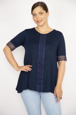 Şans Women's Navy Blue Plus Size Lace Up Sleeves And Middle Front Blouse