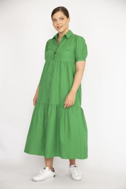 Şans Women's Plus Size Green Poplin Fabric Front Buttoned Dress