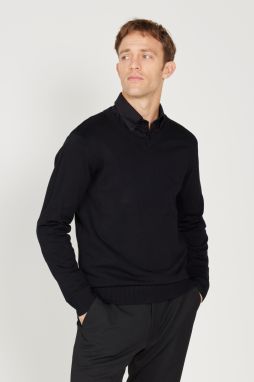 ALTINYILDIZ CLASSICS Men's Black Standard Fit Normal Cut V-Neck Knitwear Sweater.