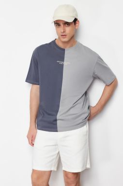 Trendyol Anthracite Oversize Color Block 100% Cotton Embroidered T-Shirt