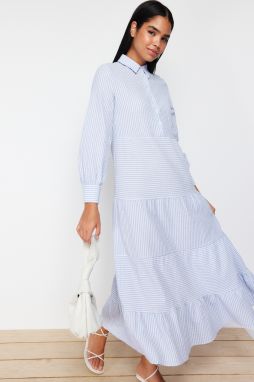 Trendyol Blue Shirt Collar Striped Lined Woven Dress