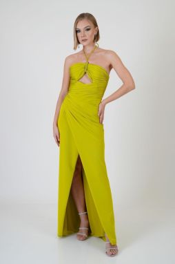 Carmen Pistachio Green Halter Neck Slit Sandy Evening Dress