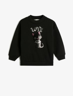 Koton The Cat Embroidered Sequins Sweatshirt with Rayon Crew Neck.