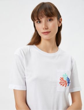 Koton Şahika Ercümen X Cotton - Embroidered Beaded Pocket T-Shirt