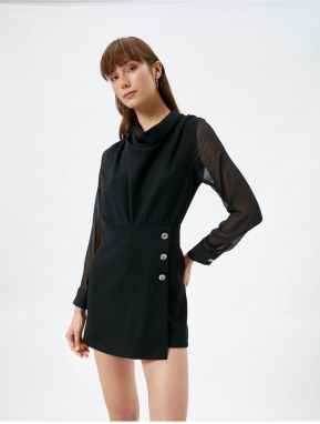 Koton Mini Shorts Overalls Long Sleeved Draped Collar Button Detailed.