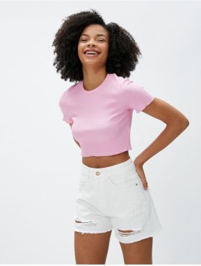 Koton Crop T-Shirt Ribbed Short Sleeve Crew Neck