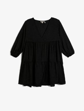 Koton Beach Dress V Neck Textured Long Sleeve Flounce