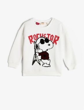 Koton Snoopy Sweatshirt Licensed Crew Neck Sequin Sequined Rayon Cotton Cotton