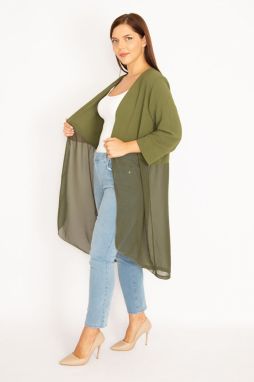 Şans Women's Plus Size Khaki Lower Part Chiffon Cardigan