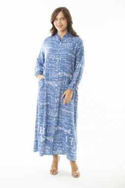 Şans Women's Plus Size Blue Woven Viscose Fabric Front Length Buttoned Long Sleeve Dress