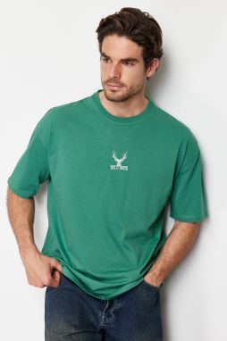 Trendyol Green Oversize Deer Embroidered 100% Cotton T-Shirt