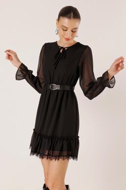 By Saygı Lace Chiffon Dress With Tie Collar Waist Belt Lined Skirt